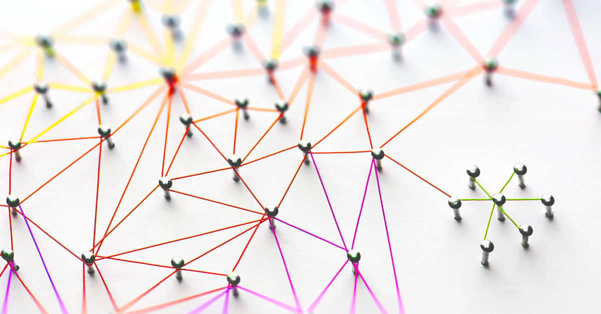 Linking entities. Web of green, blue and purple wires on white background. | Brand positioning graphic