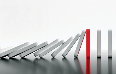 Grey dominoes toppling stoped by one red domino