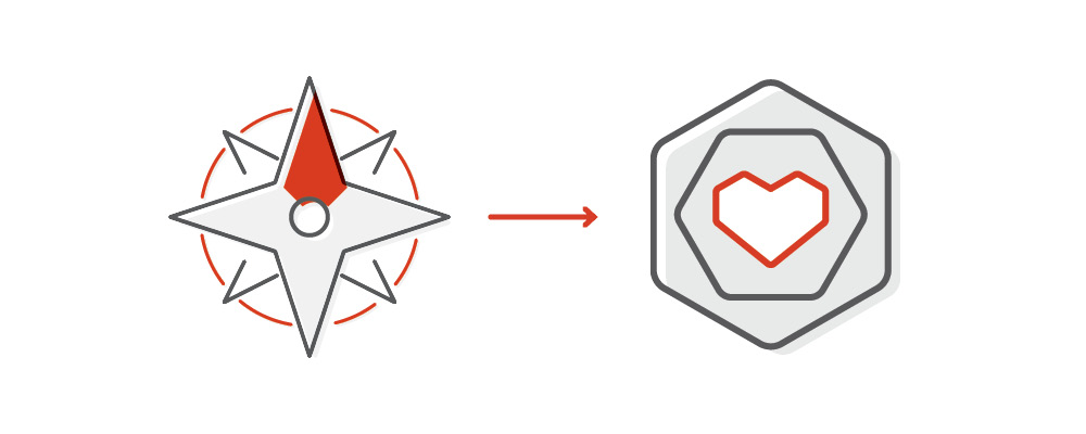 Concept illustration a compass icon and a hexagon with a heart at the center icon..
