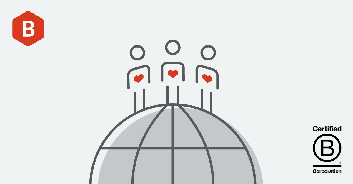 Beehive social impact icon consisting of three people icons with read hearts standing over a globe icon.