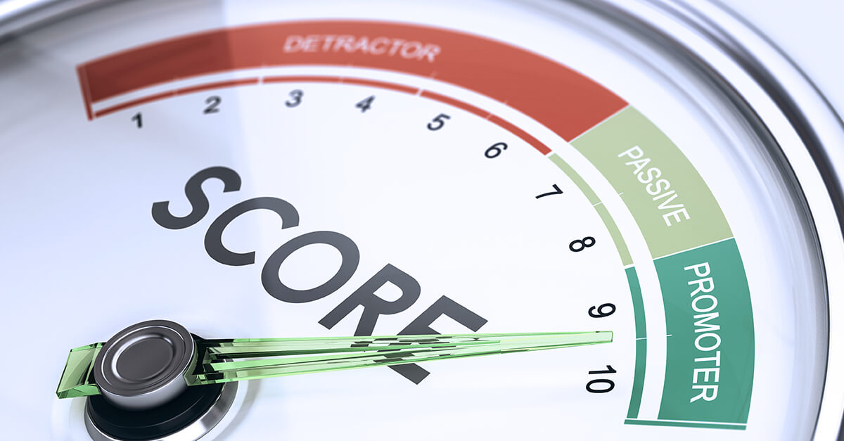 Concept of KPI, key performance indicator, Net Promoter Score Gauge with needle pointing to promoter.