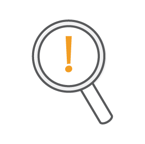A line icon of a magnify glass with an orange exclamation point in the lens.